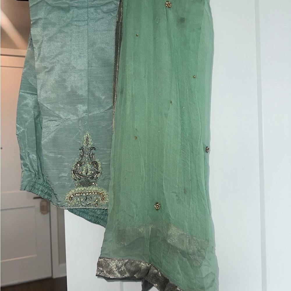 Embellished Sage Green Women's Pakistani Dress - Picture 3 of 7